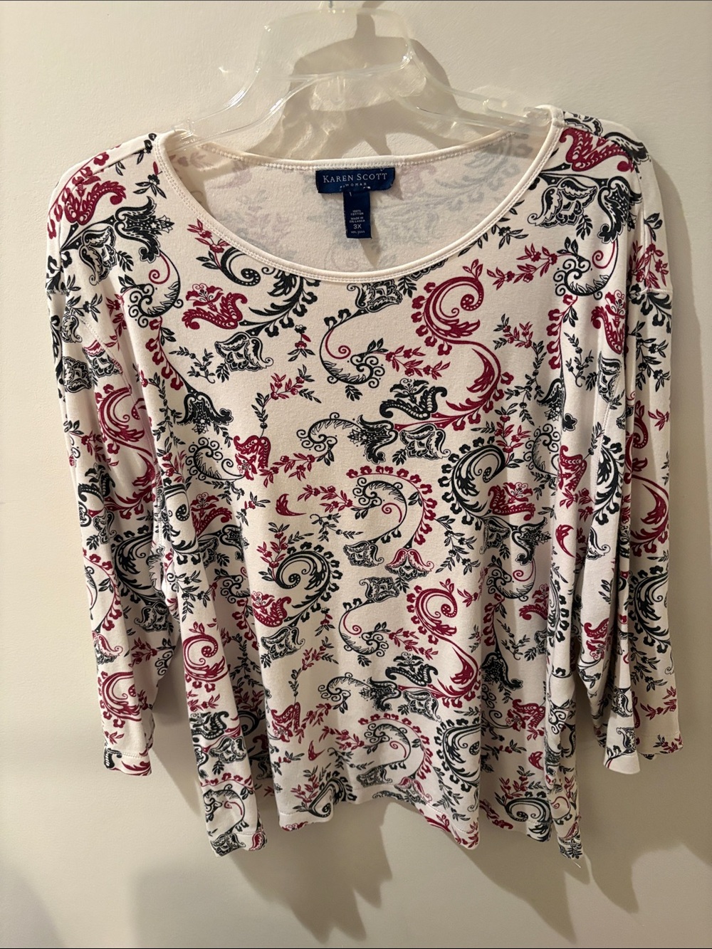 Karen Scott White Long-Sleeve Paisley Print Top with Red & Black